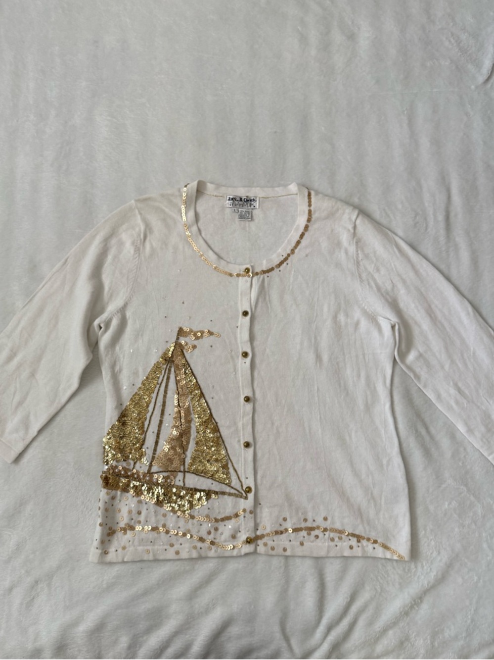 Vintage Sequin Sailboat Cardigan White Gold Button-Up Sweater Size L - Picture 2 of 8